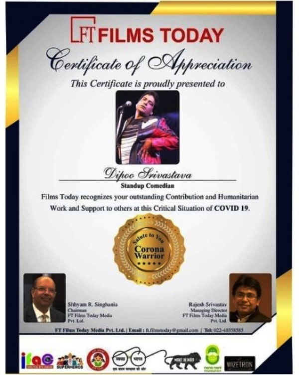 Films Today Magazine's certificate of appreciation given to Deepu Srivastava