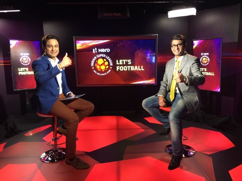 Kalyan Chaubey (left) during the Hero Indian Super League (ISL) Football League commentary