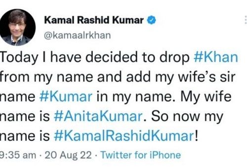 Kamaal R Khan's tweet on adopting his wife's surname
