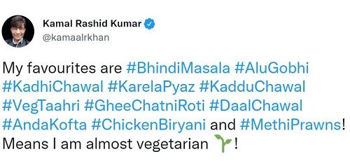 Kamaal R Khan's tweet on his favourite food
