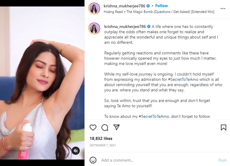 Krishna Mukherjee endorsing Secret Temptation product on her Instagram account