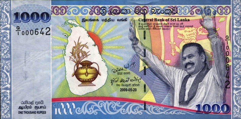 Mahinda's photo on a thousand-rupee note of Sri Lanka