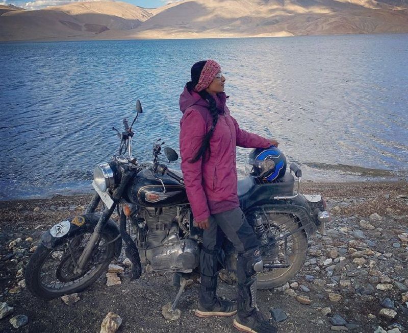 Neha Chowdary on her bike on a vacation