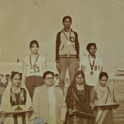 P. T. Usha (standing in the middle) on winning an athletic competition in her teens