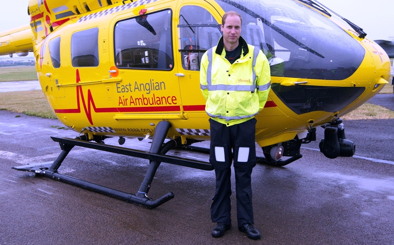 Prince William at Cambridge Airport as he begins his job with the East Anglian Air Ambulance (EAAA) in 2015