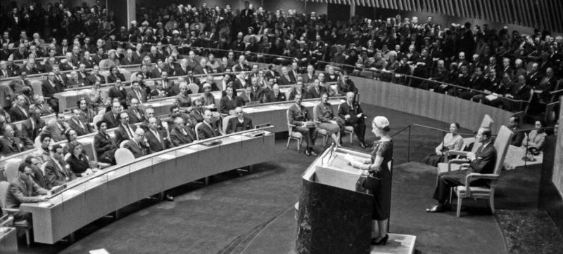 Queen Elizabeth II of the United Kingdom addressing the United Nations General Assembly in October 1957