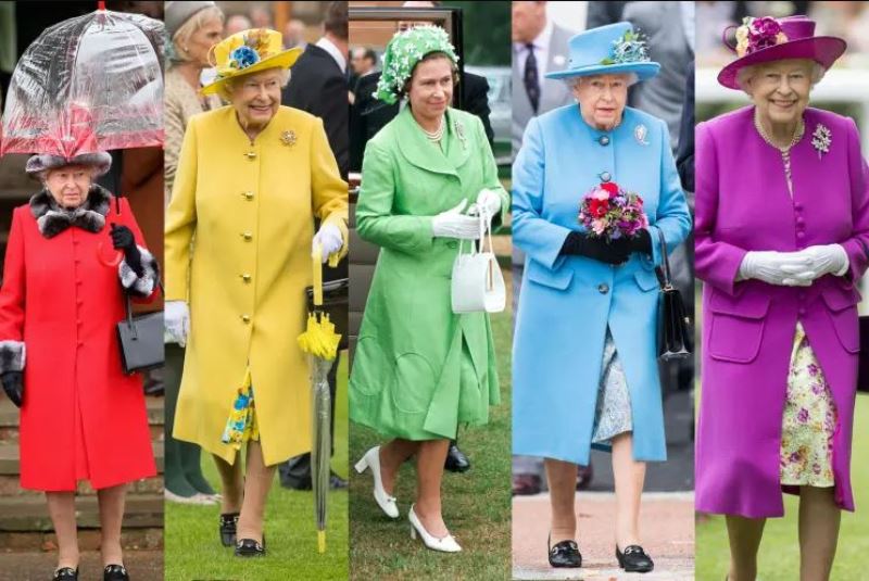 Queen in bright coloured dresses on different occasions