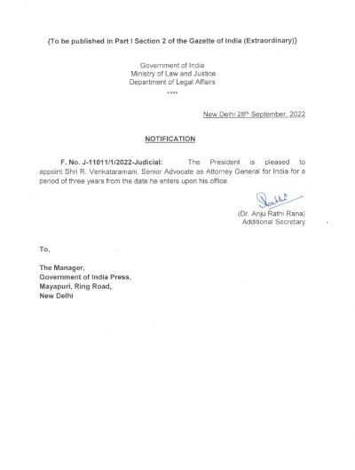 R Venkatramani's appointment letter as the Attorney General of India