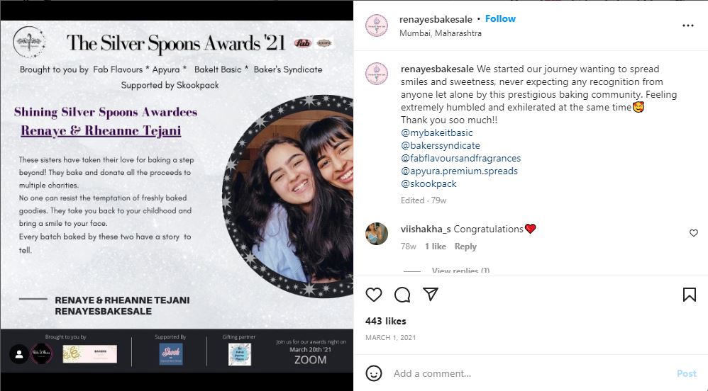 Renaye Tejani's Instagram post on winning the Shining Silver Spoon Award at The Silver Spoon Awards 2021