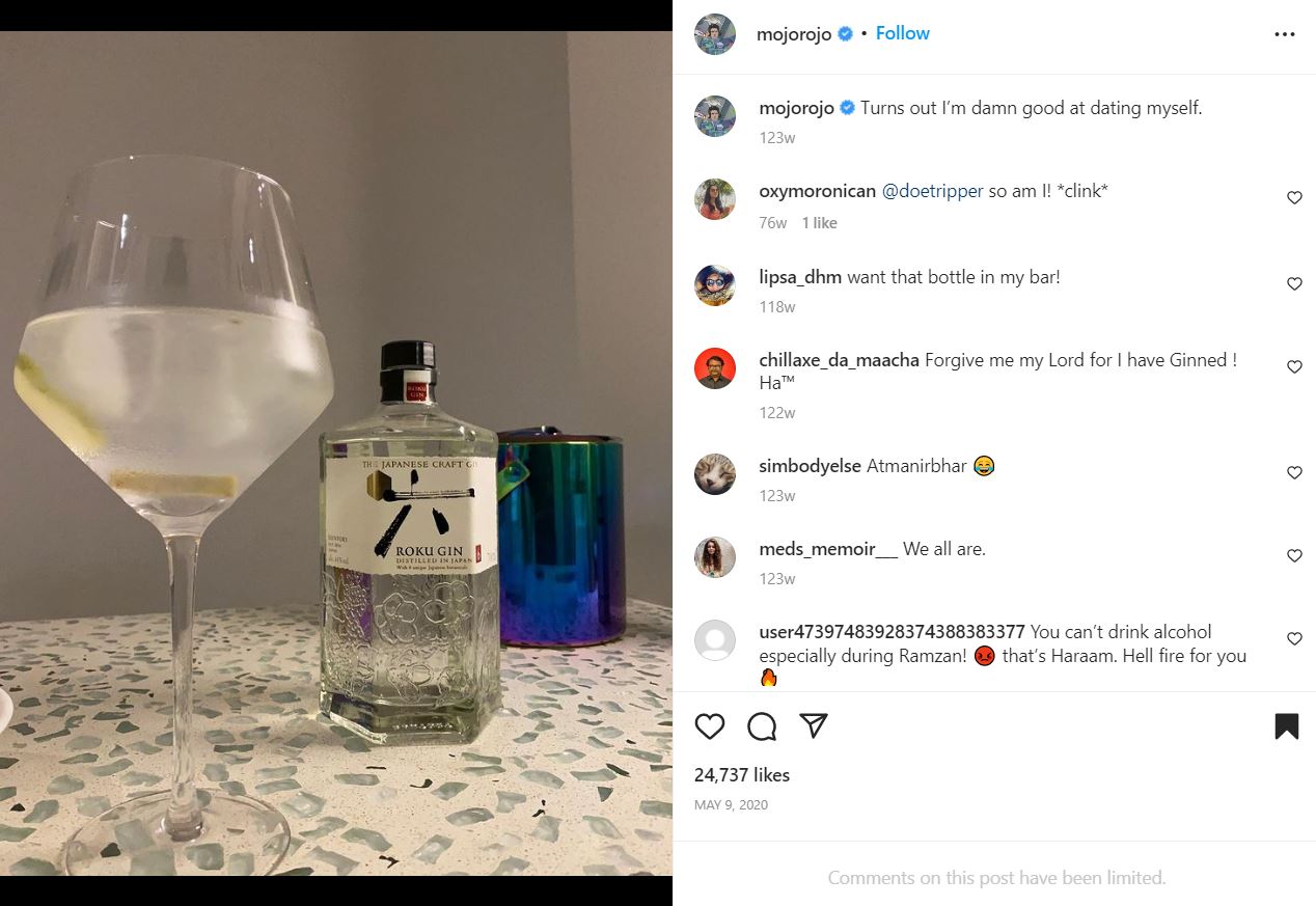 Rohan Joshi's Instagram post depicting that he enjoys consuming alcohol