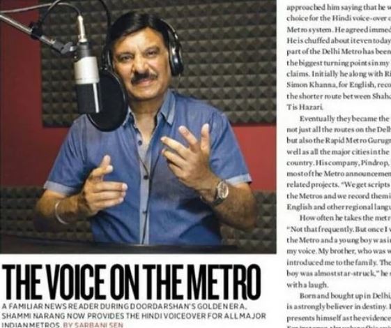 Shammi Narang being featured in a magazine article as the voice of Delhi Metro