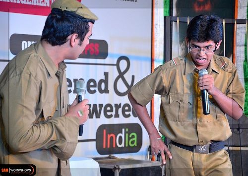Sidharth Sagar performing at a comedy show organised by SAM Workshops