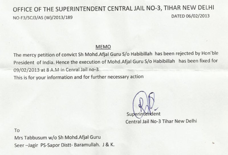 The letter from the Central jail informing the rejection of the mercy petition and confirming the date of hanging of Afzal Guru