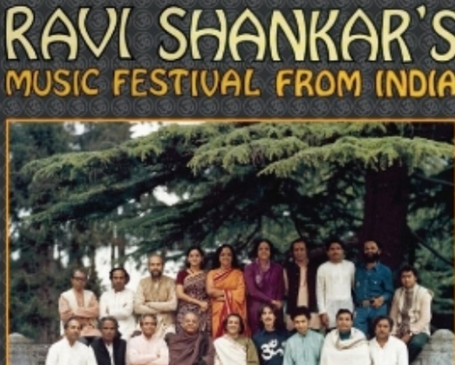 The poster of Ravi Shankar's Music festival from India. Viji Subramaniam and her mother (standing fourth and fifth from left)