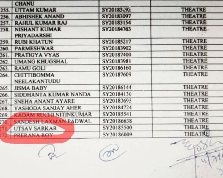 Utsav Sarkar's name on the list of the students who were awarded national scholarships in the field of theatre by the Ministry of Culture