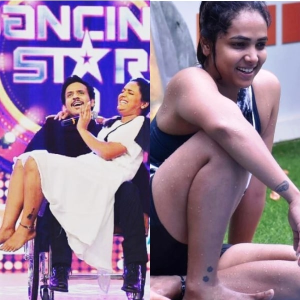 A collage of photos of Anupama Gowda's tattoos on one of her forearms and both legs