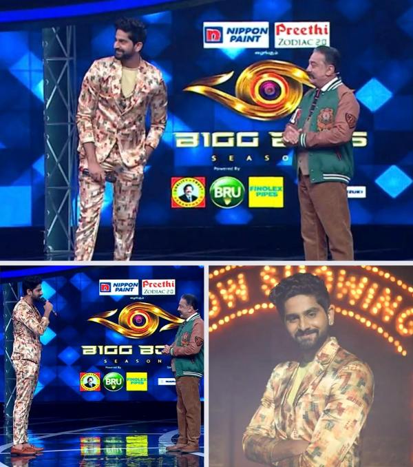 A collage of stills from the show Bigg Boss 6 Tamil featuring Ram Ramasamy with anchor Kamal Haasan