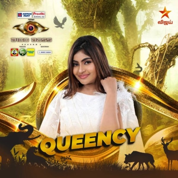 A poster of Bigg Boss Tamil with Queency Stanly's photo on it