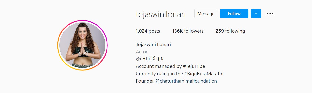 A snip of Tejaswini Lonari's Instagram profile stating her religious views