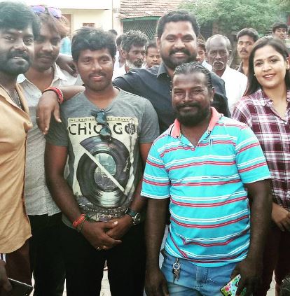 Amudhavanan in grey t-shirt with the team of the film Billa Pandi in 2017
