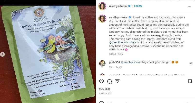 An Instagram post shared by Sandhya Shekhar endorses 'Happy Hormones Blend' green tea