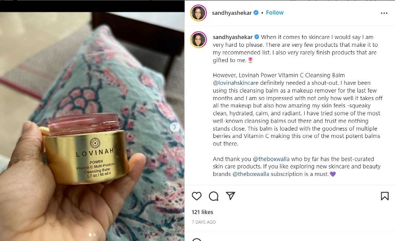 An Instagram post shared by Sandhya Shekhar endorses Lovinah Cleansing Balm