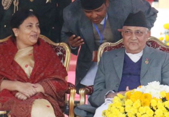 Bidya Devi Bhandari with KP Oli during a cabinet meeting