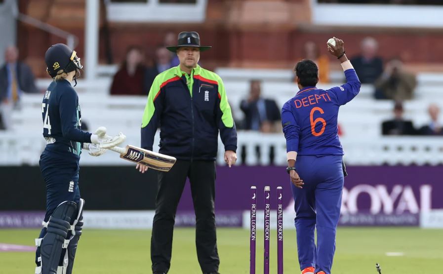 Charlie Dean run out at non-striker's end by Deepti Sharma at Lord's London in 2022