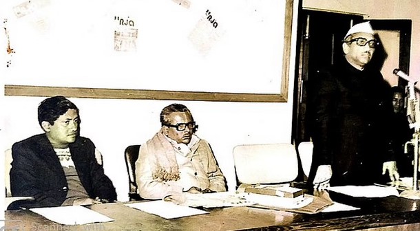 H.N. Bahuguna (standing) at a Janata Party session in Simla