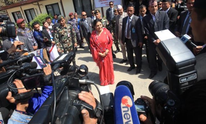President Bidya Bhandari talking to the media in 2018 after registering her candidacy for a second term