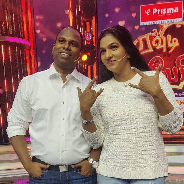 Shanthi with her husband - picture captured on the set of a show