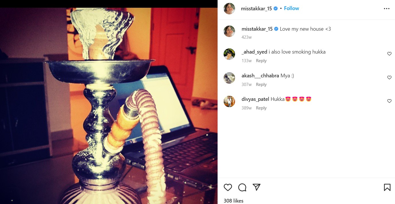 Vaishali Takkar's Instagram post smoking hookah