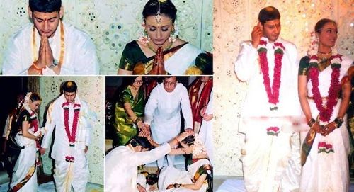 A collage of Namrata Shirodkar and Mahesh Babu's wedding pictures