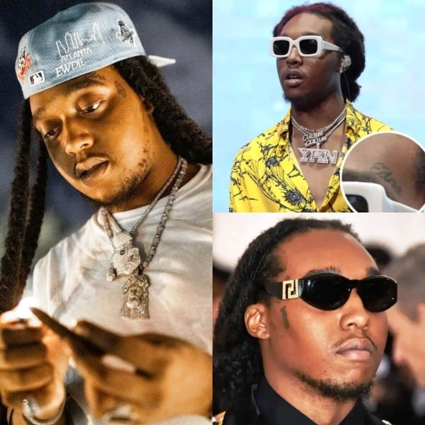 A collection of photos of Takeoff's tattoos inked on his face