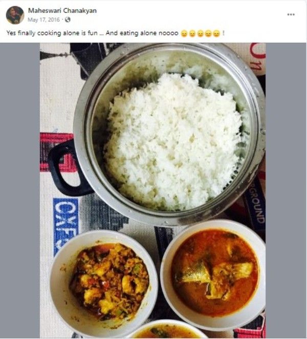 A facebook post made by Maheswari Chanakyan about her food habit