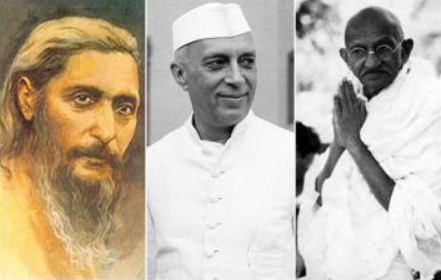 A picture of Nirala, Nehru, and Gandhi