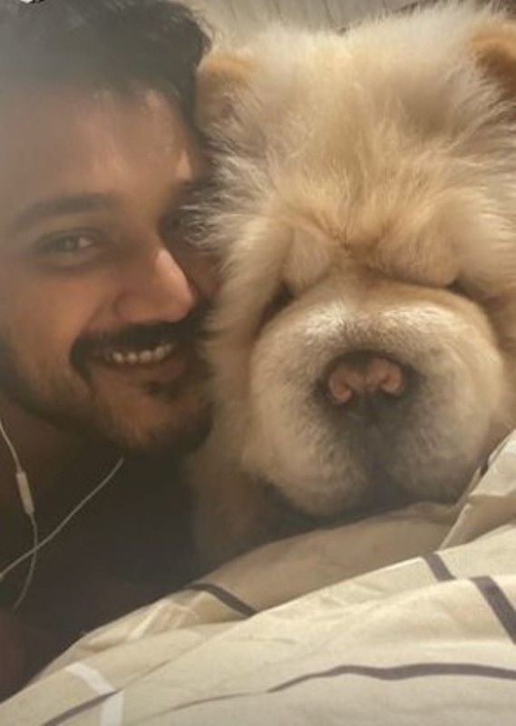A selfie shared by Bellamkonda Ganesh with his pet dog Dino