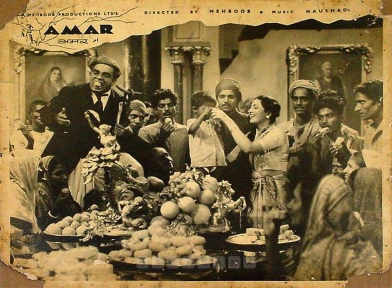 A still from the Mehboob Productions Ltd's film 'Amar' (1954) - starring Dilip Kumar (as Advocate Amarnath), Madhubala (as Anju), and Nimmi (as Sonia)