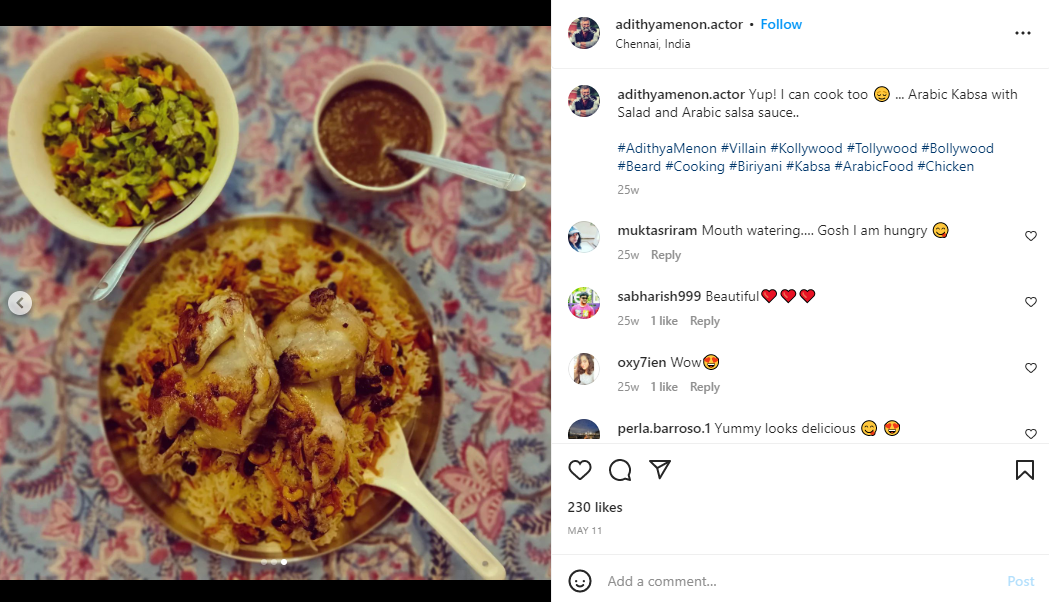 Adithya Menon's Instagram post about his eating habits