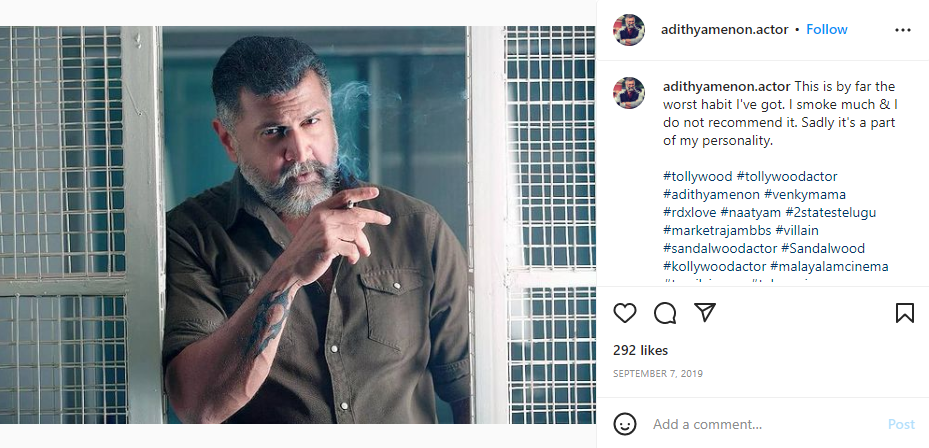 Adithya Menon's Instagram post about his smoking habit