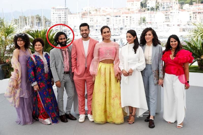 Ali Junejo with the cast of the Pakistani film Joyland; picture from the 75th annual Cannes Film Festival