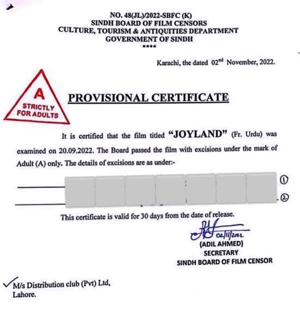 Certificate that was issued to Joyland by the Censor Board of Sindh Province