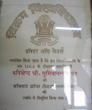 Doctor of Letters degree of Sumitranandan Pant