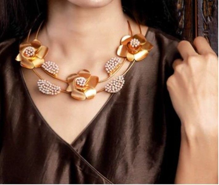 'Gold Double Line Buttercup Necklace with Pearl Clusters' designed by Suhani Pittie