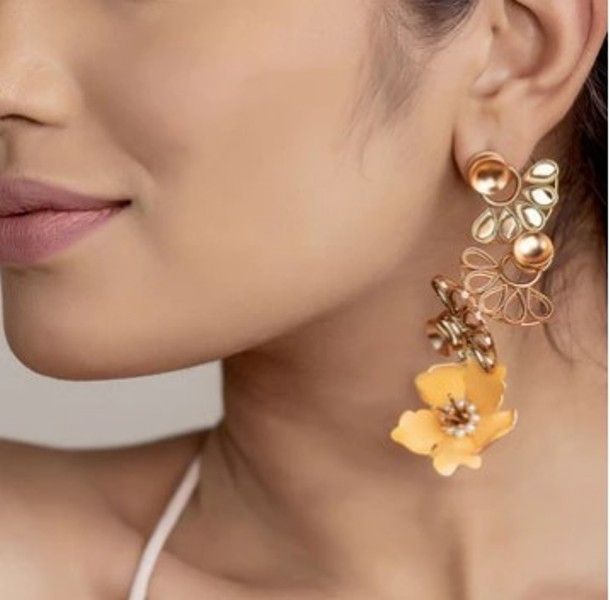 'Gold Toned Triple Crest Earrings with Amber Yellow Lily' designed by Suhani Pittie