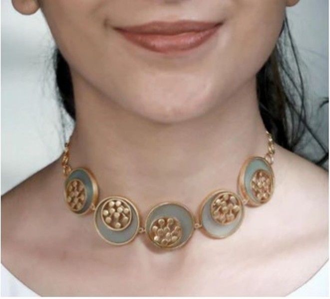 'Gold Tonned Cyan Acrylic Tangent Choker with Inlaid Dotted Circles' designed by Suhani Pittie