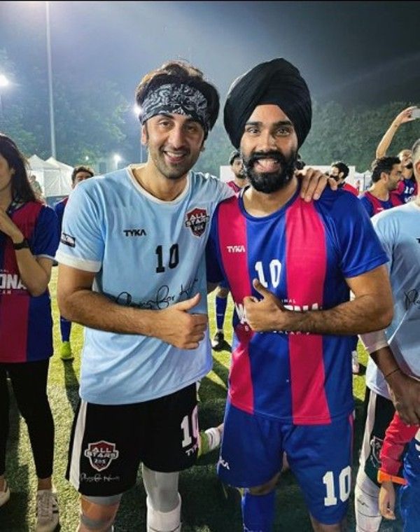 Jatt Prabhjot and Ranbir Kapoor; picture from friendly football match played betwwen Ranbir Kapoor's team All Stars Football Club and Maradona - Blessed Team