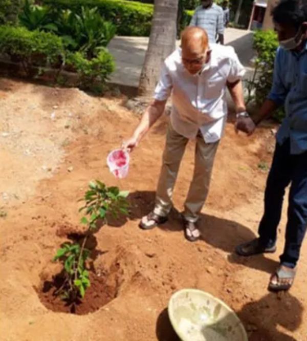Krishna planting saplings at his residence in Hyderabad