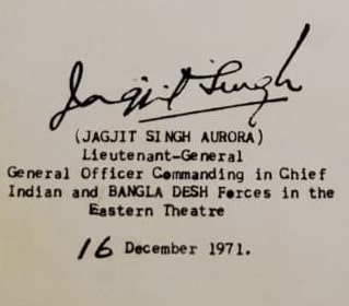 Lt Gen Jagjit Singh Aurora's signature