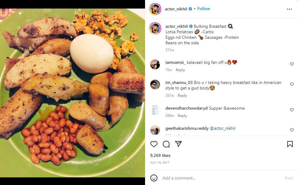 Nikhil Siddhartha's Instagram post showcasing his eating habits